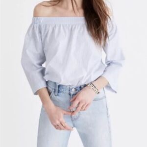 Madewell Clean Off-shoulder Blue White Stripe 3/4 Sleeve Blouse Women’s M